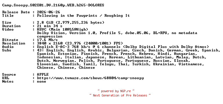 NFO for the release Camp.Snoopy.S02E01.DV.2160p.WEB.h265-DOLORES by DOLORES