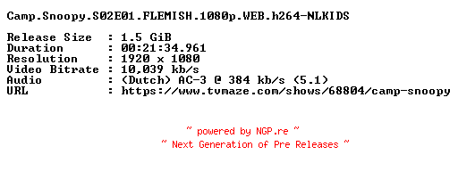NFO for the release Camp.Snoopy.S02E01.FLEMISH.1080p.WEB.h264-NLKIDS by NLKIDS