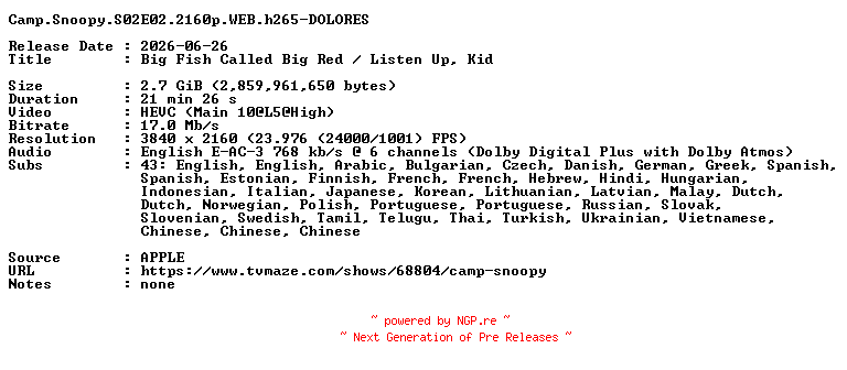 NFO for the release Camp.Snoopy.S02E02.2160p.WEB.h265-DOLORES by DOLORES