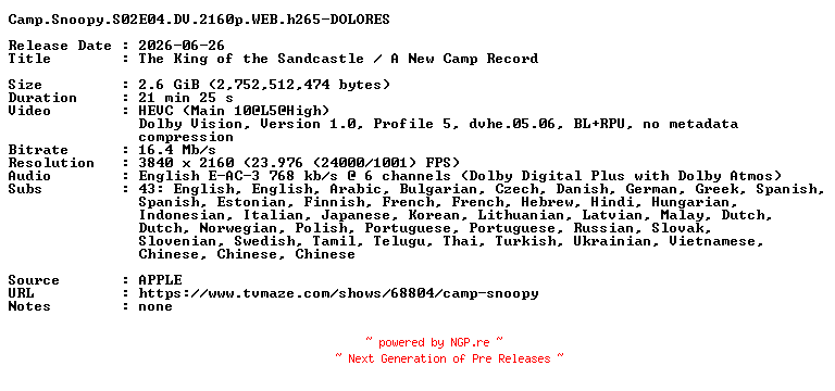 NFO for the release Camp.Snoopy.S02E04.DV.2160p.WEB.h265-DOLORES by DOLORES