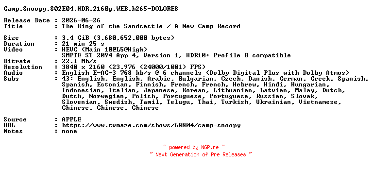 NFO for the release Camp.Snoopy.S02E04.HDR.2160p.WEB.h265-DOLORES by DOLORES