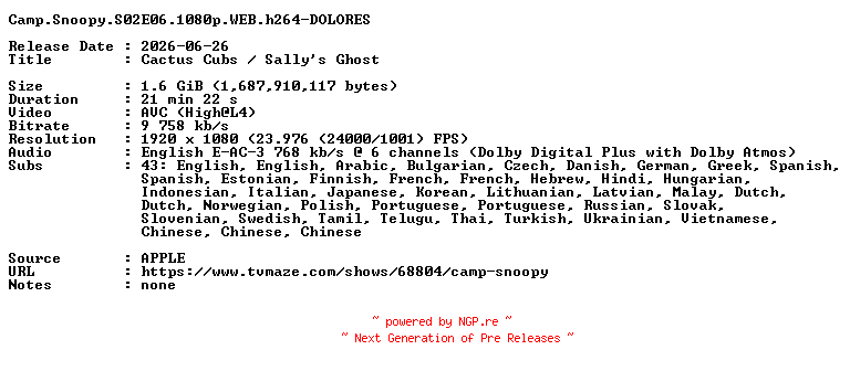 NFO for the release Camp.Snoopy.S02E06.1080p.WEB.h264-DOLORES by DOLORES