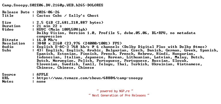 NFO for the release Camp.Snoopy.S02E06.DV.2160p.WEB.h265-DOLORES by DOLORES