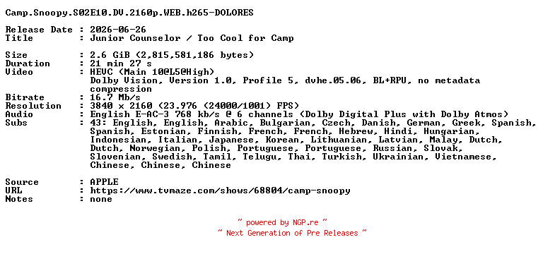 NFO for the release Camp.Snoopy.S02E10.DV.2160p.WEB.h265-DOLORES by DOLORES