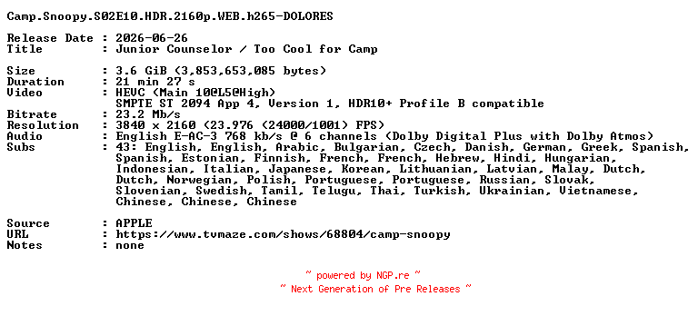 NFO for the release Camp.Snoopy.S02E10.HDR.2160p.WEB.h265-DOLORES by DOLORES