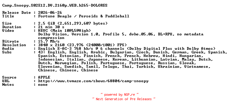 NFO for the release Camp.Snoopy.S02E12.DV.2160p.WEB.h265-DOLORES by DOLORES