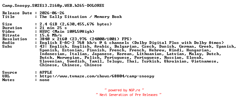 NFO for the release Camp.Snoopy.S02E13.2160p.WEB.h265-DOLORES by DOLORES