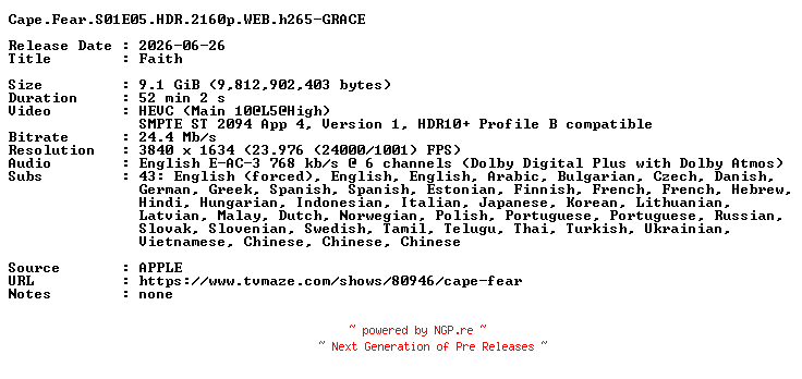 NFO for the release Cape.Fear.S01E05.HDR.2160p.WEB.h265-GRACE by GRACE