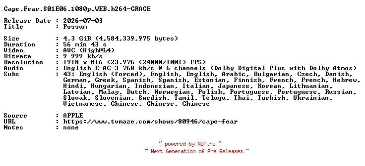 NFO for the release Cape.Fear.S01E06.1080p.WEB.h264-GRACE by GRACE