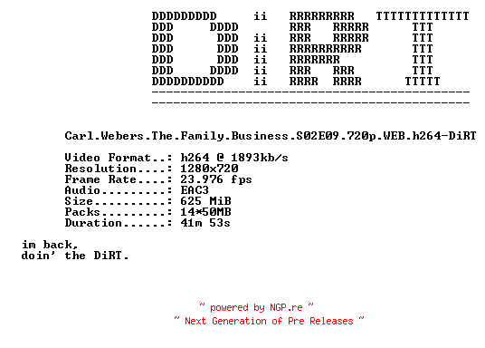 NFO for the release Carl.Webers.The.Family.Business.S02E09.720p.WEB.h264-DiRT by DiRT