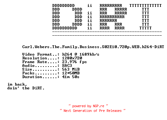 NFO for the release Carl.Webers.The.Family.Business.S02E10.720p.WEB.h264-DiRT by DiRT
