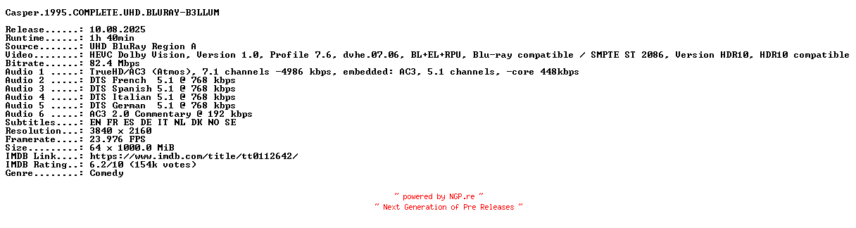 NFO for the release Casper.1995.COMPLETE.UHD.BLURAY-B3LLUM by B3LLUM