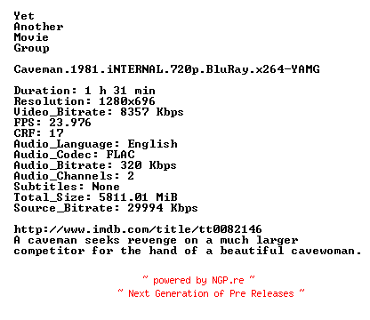 NFO for the release Caveman.1981.iNTERNAL.720p.BluRay.x264-YAMG by YAMG