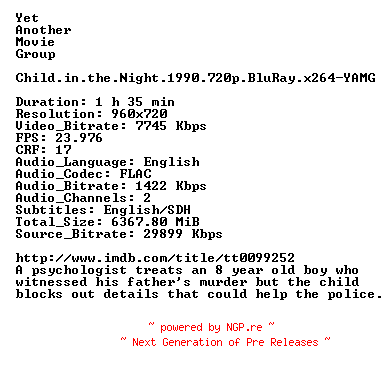 NFO for the release Child.in.the.Night.1990.720p.BluRay.x264-YAMG by YAMG