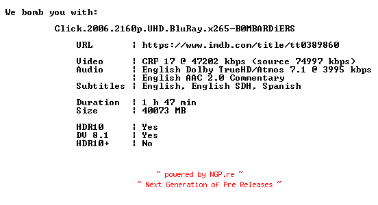 NFO for the release Click.2006.2160p.UHD.BluRay.x265-B0MBARDiERS by B0MBARDiERS