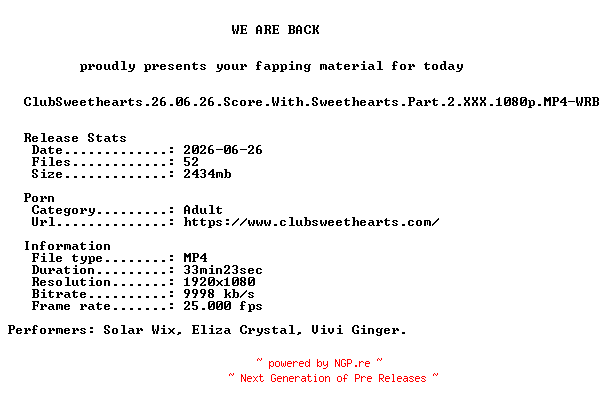 NFO for the release ClubSweethearts.26.06.26.Score.With.Sweethearts.Part.2.XXX.1080p.MP4-WRB by WRB