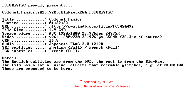 NFO for the release Colonel.Panics.2016.720p.BluRay.x264-FUTURiSTiC by FUTURiSTiC