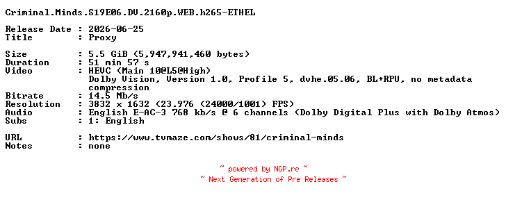 NFO for the release Criminal.Minds.S19E06.DV.2160p.WEB.h265-ETHEL by ETHEL