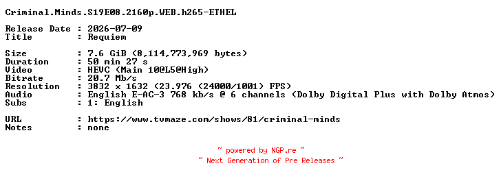 NFO for the release Criminal.Minds.S19E08.2160p.WEB.h265-ETHEL by ETHEL