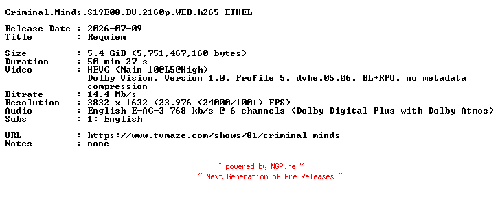 NFO for the release Criminal.Minds.S19E08.DV.2160p.WEB.h265-ETHEL by ETHEL