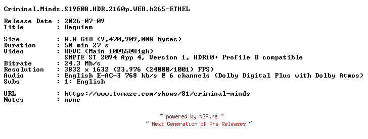 NFO for the release Criminal.Minds.S19E08.HDR.2160p.WEB.h265-ETHEL by ETHEL