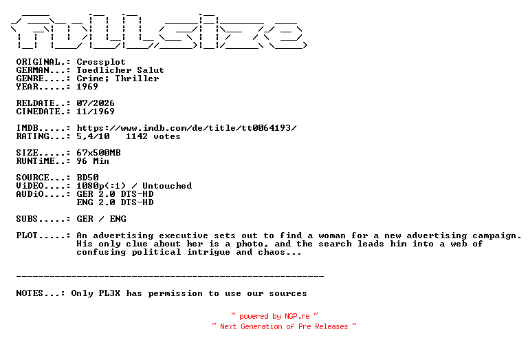 NFO for the release Crossplot.1969.DUAL.COMPLETE.BLURAY-FULLSiZE by FULLSiZE