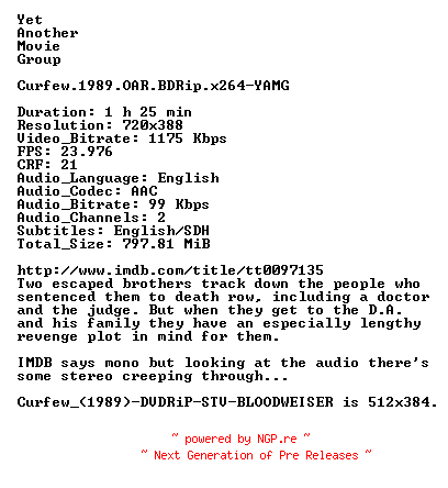 NFO for the release Curfew.1989.OAR.BDRip.x264-YAMG by YAMG