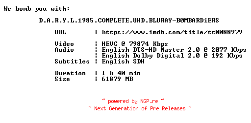 NFO for the release D.A.R.Y.L.1985.COMPLETE.UHD.BLURAY-B0MBARDiERS by B0MBARDiERS