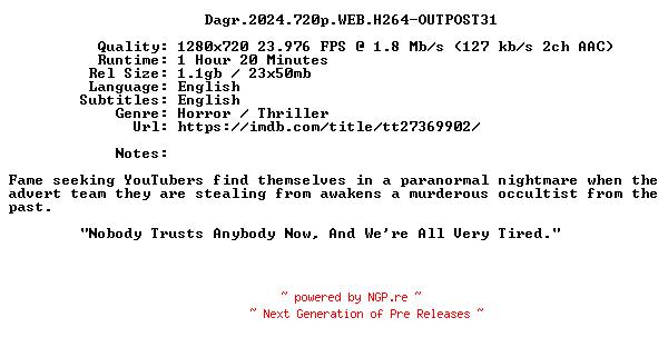 NFO for the release Dagr.2024.720p.WEB.H264-OUTPOST31 by OUTPOST31