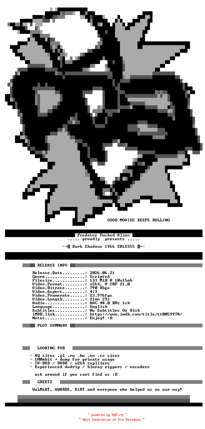 NFO for the release Dark.Shadows.1966.S01E355.DVDRip.x264-PFa by PFa
