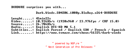 NFO for the release Dark.Winds.S04E06.1080p.BluRay.x264-BORDURE by BORDURE