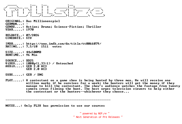 NFO for the release Das.Millionenspiel.1970.GERMAN.COMPLETE.BLURAY-FULLSiZE by FULLSiZE