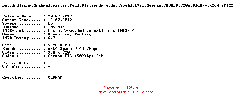NFO for the release Das.indische.Grabmal.erster.Teil.Die.Sendung.des.Yoghi.1921.German.SUBBED.720p.BluRay.x264-SPiCY by SPiCY