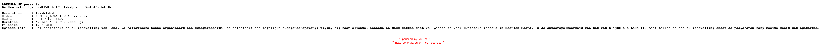 NFO for the release De.Verloskundigen.S01E01.DUTCH.1080p.WEB.h264-ADRENALiNE by ADRENALiNE