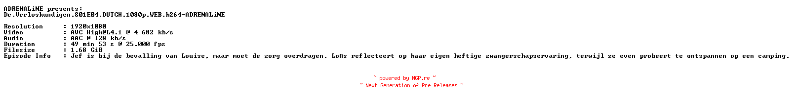 NFO for the release De.Verloskundigen.S01E04.DUTCH.1080p.WEB.h264-ADRENALiNE by ADRENALiNE