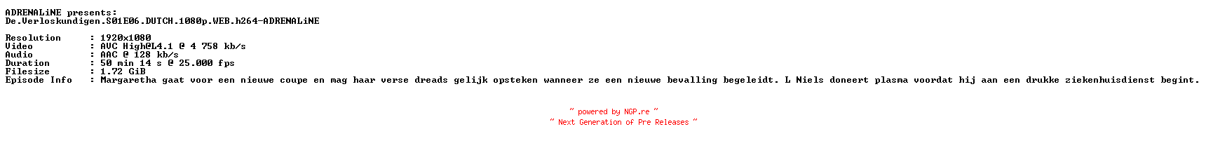 NFO for the release De.Verloskundigen.S01E06.DUTCH.1080p.WEB.h264-ADRENALiNE by ADRENALiNE