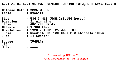 NFO for the release Deal.Or.No.Deal.SE.2025.S03E08.SWEDiSH.1080p.WEB.h264-INGRID by INGRID