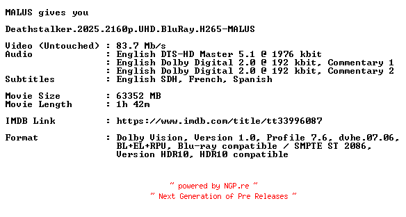 NFO for the release Deathstalker.2025.2160p.UHD.BluRay.H265-MALUS by MALUS