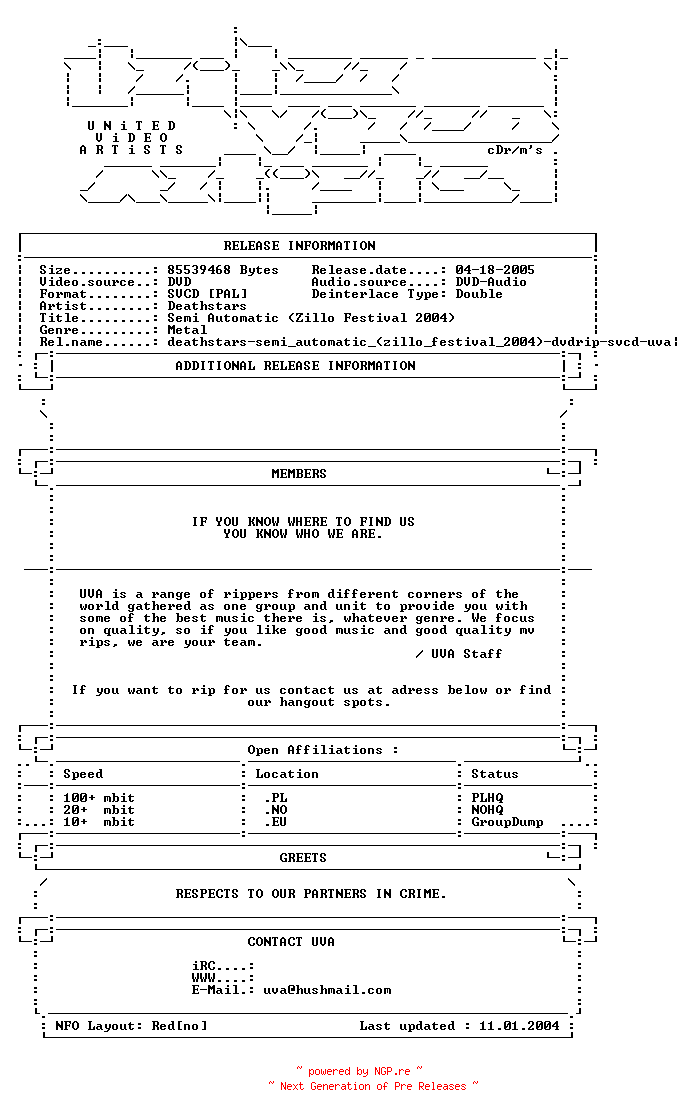 NFO for the release Deathstars-semi_automatic_(zillo_festival_2004)-dvdrip-svcd-uva by uva