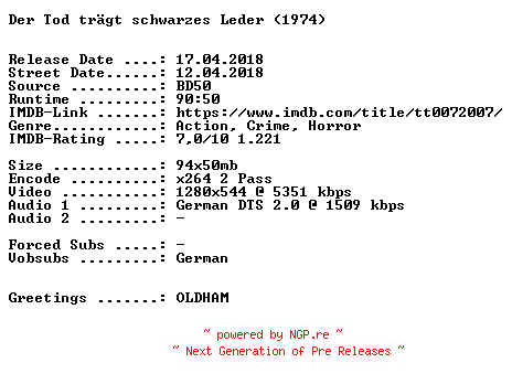 NFO for the release Der.Tod.traegt.schwarzes.Leder.1974.German.720p.BluRay.x264-SPiCY by SPiCY