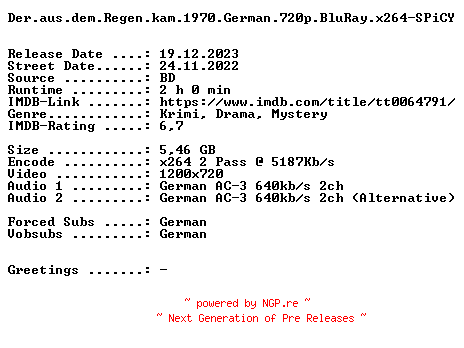 NFO for the release Der.aus.dem.Regen.kam.1970.German.720p.BluRay.x264-SPiCY by SPiCY