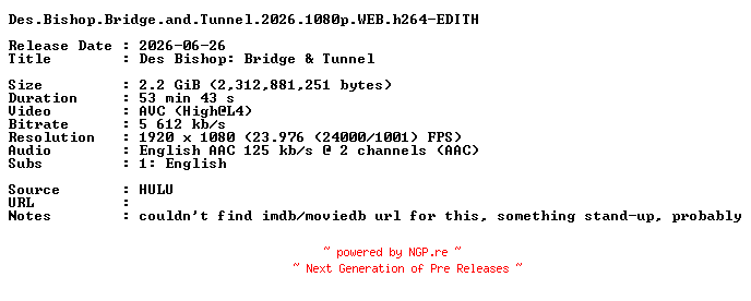 NFO for the release Des.Bishop.Bridge.and.Tunnel.2026.1080p.WEB.h264-EDITH by EDITH
