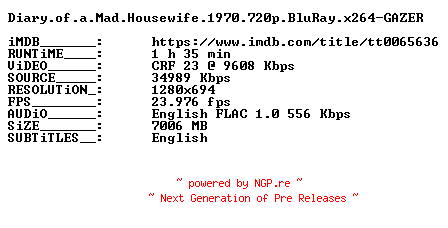 NFO for the release Diary.of.a.Mad.Housewife.1970.720p.BluRay.x264-GAZER by GAZER