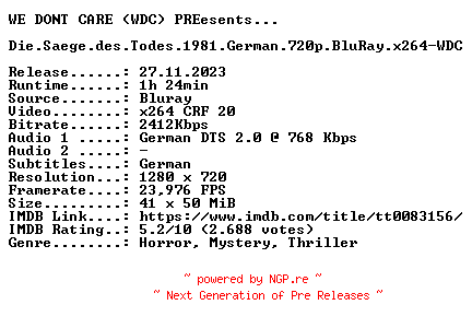 NFO for the release Die.Saege.des.Todes.1981.German.720p.BluRay.x264-WDC by WDC