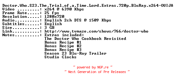 NFO for the release Doctor.Who.S23.The.Trial.of.a.Time.Lord.Extras.720p.BluRay.x264-OUIJA by OUIJA