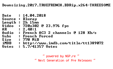 NFO for the release Downsizing.2017.TRUEFRENCH.BDRip.x264-THREESOME by THREESOME