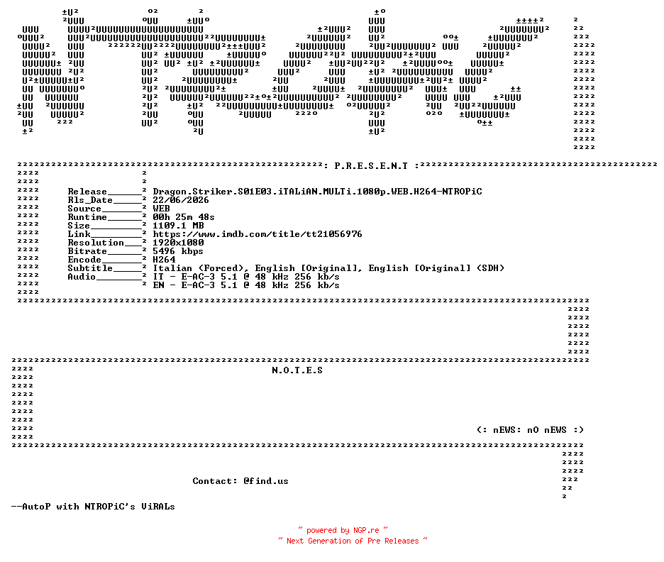 NFO for the release Dragon.Striker.S01E03.iTALiAN.MULTi.1080p.WEB.H264-NTROPiC by NTROPiC