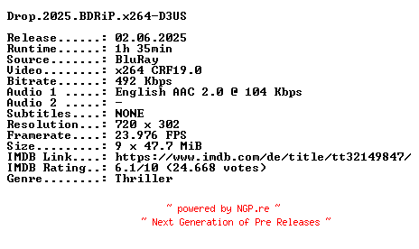 NFO for the release Drop.2025.BDRiP.x264-D3US by D3US