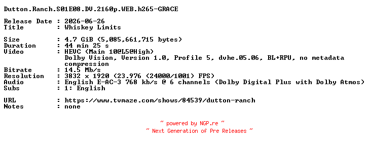 NFO for the release Dutton.Ranch.S01E08.DV.2160p.WEB.h265-GRACE by GRACE