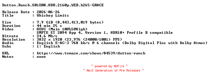 NFO for the release Dutton.Ranch.S01E08.HDR.2160p.WEB.h265-GRACE by GRACE